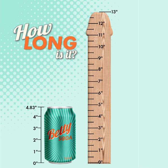 A turquoise can of Betty Soda is placed next to a wooden ruler shaped like a baseball bat. The can is around 4.83 inches tall, while the ruler measures up to 13 inches. The image features text asking, "How LONG is it?" with the word "LONG" in bold orange letters and an XR Brands Centaur Giant 13 Inch Silicone Fantasy Horse Dildo in the background.
