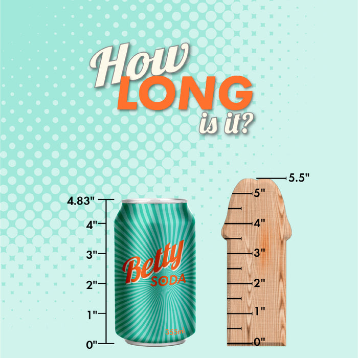 A green can of Betty Soda with orange text sits beside a shimmery blue Blush Rebellion 5.75 Inch Silicone Beginner & Pegging Dildo, marked with measurements from 1 to 5.5 inches. The background is teal with light dots, and the text at the top reads, "How LONG is it?