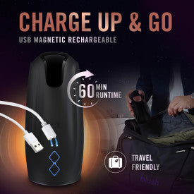 Promotional image of the Evolved Novelties Lick The Tip Rechargeable Vibrating Thumping Stroker Silicone with the text "CHARGE UP & GO," highlighting its 60-minute runtime and travel-friendly nature. The sleek black device is showcased alongside a USB cable, with a hand packing it neatly into a suitcase.