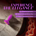 A pink, gem-inspired adult toy from Blush, named the Charm Vibrating Textured Silicone Butt Plug in Amethyst, is displayed against a marble and textured abstract background. Bold purple text above it reads "Experience the Elegance," highlighting its powerful vibrations, perfect for exploration, solo, and partner play.