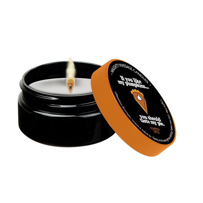 This Kama Sutra Pumpkin Spice Erotic Massage Candle comes in a black container with an orange lid that reads, "If you like my pumpkins... you should taste my pie." This novelty candle, based on coconut oil, features a lit pumpkin spice scent inside.