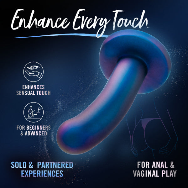 A promotional image showcases the Surrender Intermediate 5.75 Inch Silicone Beginner & Pegging Dildo by Blush, featuring its curved, body-safe design with a silicone shaft. The text highlights the toy's ability to enhance touch and its suitability for both beginners and advanced users. It is perfect for solo or partnered experiences, including pegging play, and is designed for both anal and vaginal enjoyment.