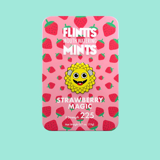 A tin of Flintts Mouth Watering Mints - Strawberry from Flintts Mints features a playful design adorned with numerous strawberries and a cheerful yellow character on a pink background, all set against a light teal backdrop. This delightful treat is also an effective solution for dry mouth.