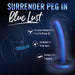 Graphic featuring the "Surrender Intermediate 5.75 Inch Silicone Beginner & Pegging Dildo" by Blush, showcasing its silicone construction with highlights including bullet points stating "Harness Compatible, Easy to Strap On," "Shimmer in Blue Lust," and "Perfect for Pegging Play." The image displays the dildo alongside a harness diagram, highlighting its body-safe qualities.