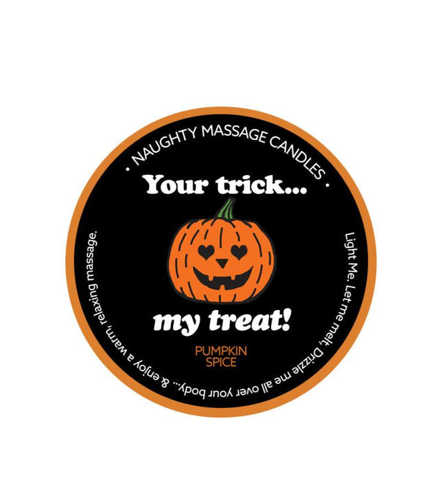 A circular label for the Kama Sutra "Pumpkin Spice Erotic Massage Candle - Your Trick, My Treat" featuring a smiling jack-o'-lantern illustration. The text reads: "Your trick... my treat! PUMPKIN SPICE, coconut oil-based. Light Me. Let Me Melt. Drizzle All Over Your Body. Enjoy A Warm, Relaxing Erotic Massage." The border is black and orange.
