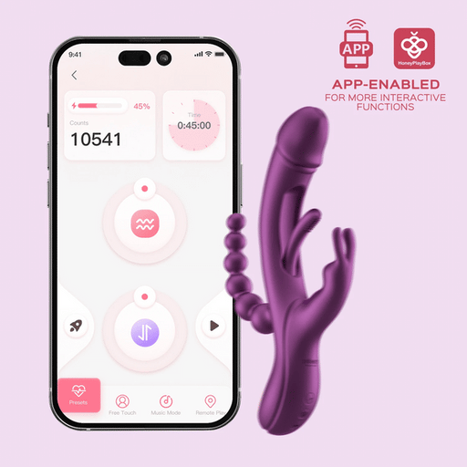 A smartphone with a control app is next to the Trilux App-Controlled Kinky Finger Rabbit Vibrator with Anal Beads in purple. The app displays vibrating modes, battery status, and an icon for app-enabled interactive functions aimed at blended orgasms.