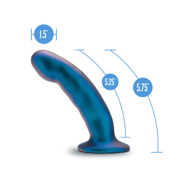 Introducing the Rebellion 5.75 Inch Silicone Beginner & Pegging Dildo by Blush: a shimmering blue dildo crafted from platinum-cured silicone. It boasts a sleek curve with precise measurements—1.5 inches in width, 5.25 inches of insertable length, and an overall length of 5.75 inches—making it the perfect choice for strap-on and pegging play enthusiasts who prioritize quality and style.