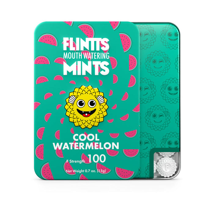 A lively tin of Flintts Mouth Watering Mints - Cool Watermelon, featuring playful watermelon slice designs and a sun icon. Enhanced with Spilanthes flower, this dry mouth remedy offers 100 pieces at 0.7 oz (15g), delivering refreshing relief at strength level 1.