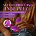 A person in a golden shirt holds the Charm Vibrating Textured Silicone Butt Plug in Amethyst by Blush, which features a purple design crafted from platinum-cured silicone and a light-up rim. The image is overlaid with text: "Secure Vibrating Anal Plug. StayPut™ Design Keeps Plug Secure. 7 Powerful Vibration Modes. Light Up Rim.