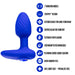 Image of the Blush Mystery Vibrating Textured Silicone Butt Plug in Sapphire with a list of features on the right. The features include 7 vibration modes, StayPut design, extended base for long-term wear, tapered head for comfort, textured for pleasure, USB magnetic rechargeable, platinum-cured liquid silicone, satin smooth feel, and 100% body safe - phthalate-free.